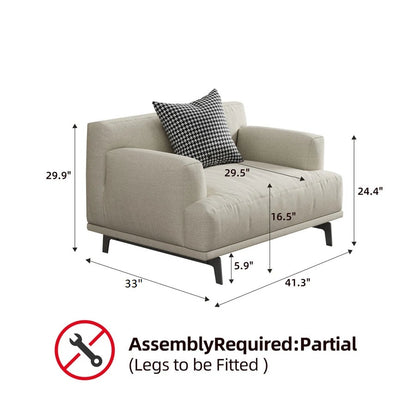 Beige armchair with dimensions and assembly information on a white background