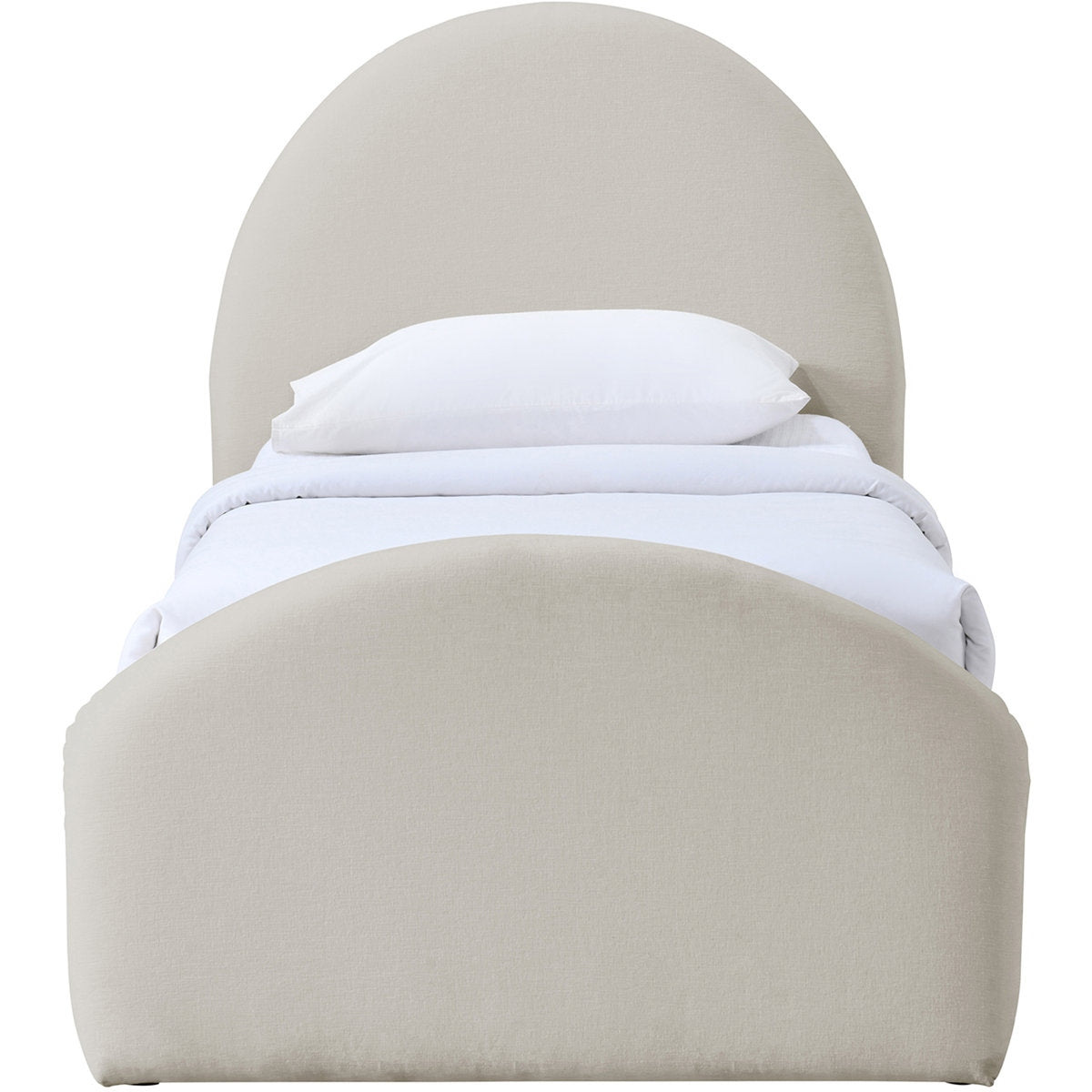 Beige upholstered bed with white bedding on a white background