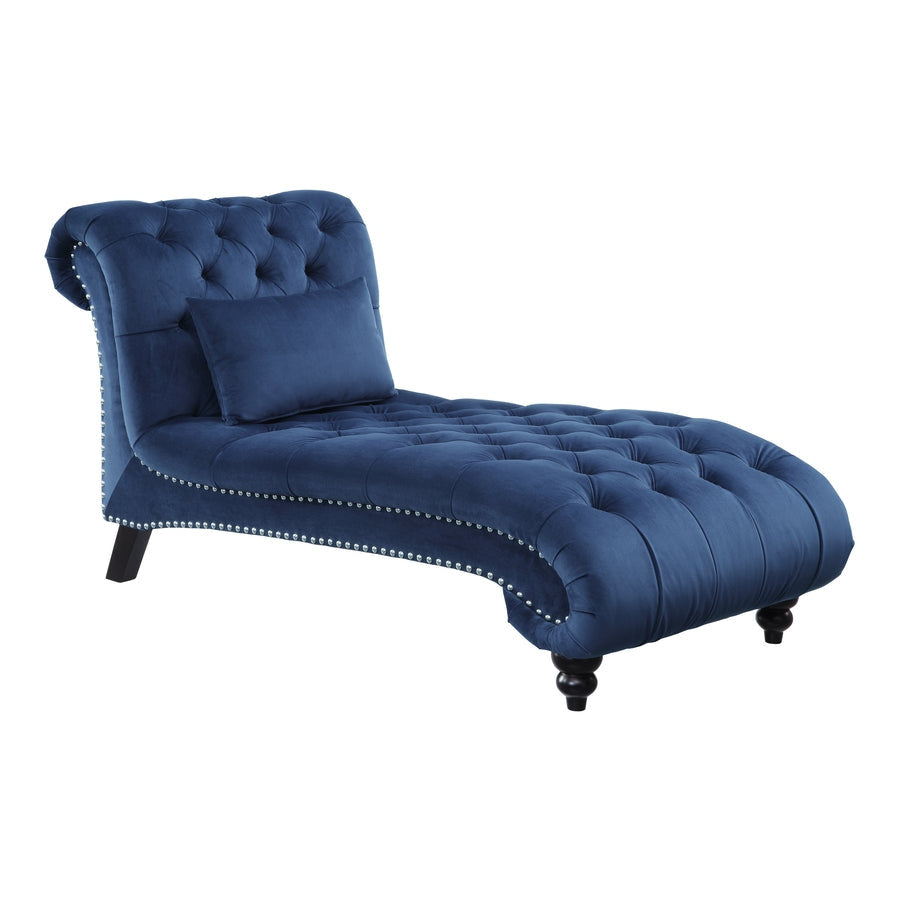 Blue tufted chaise lounge chair on a white background