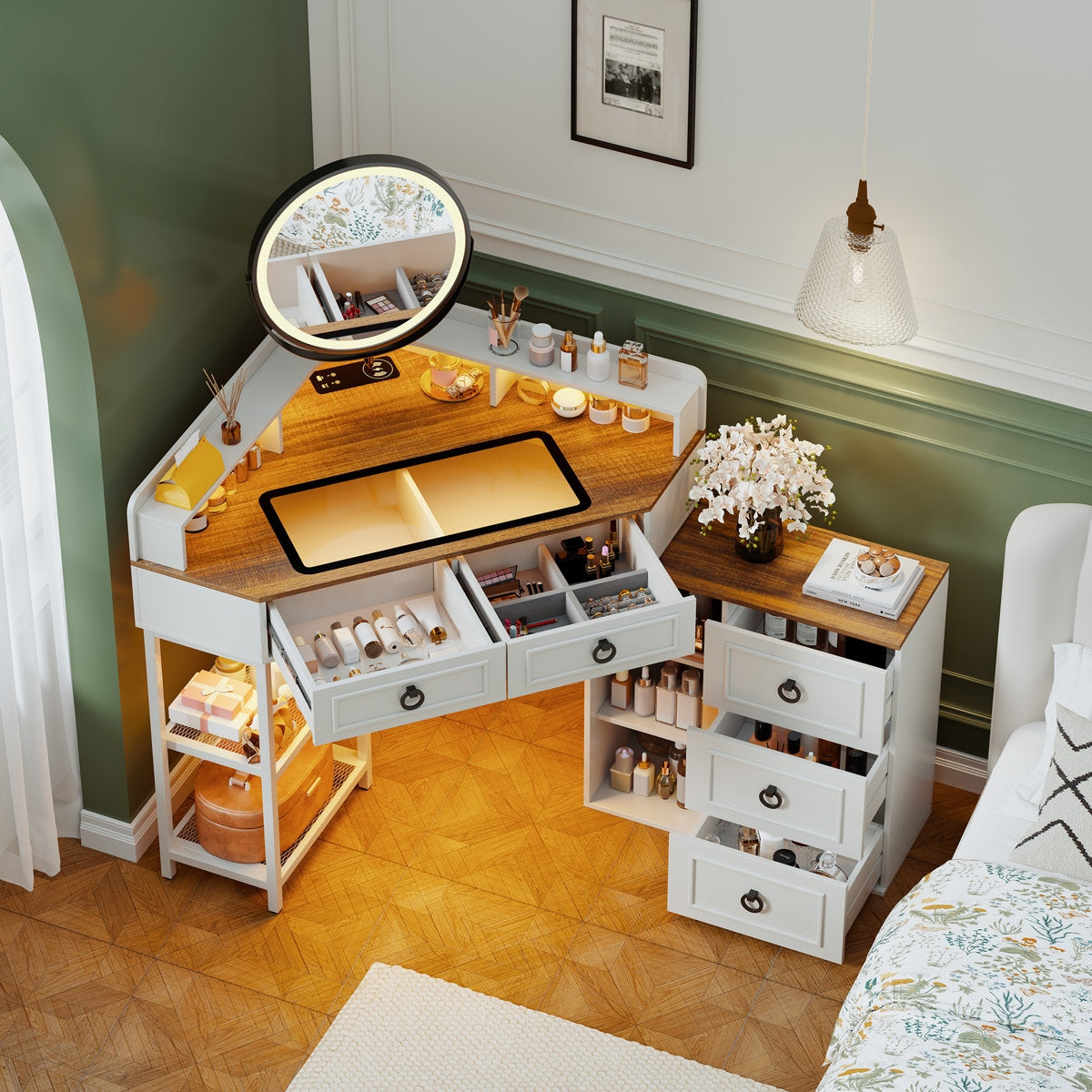 Makeup vanity with mirror and drawers in a bedroom setting