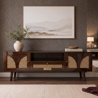 A mid-century modern wooden TV stand or console cabinet with dark brown wood and woven cane panels, styled in a living room setting with a vase, framed landscape art, and a lamp in the background.