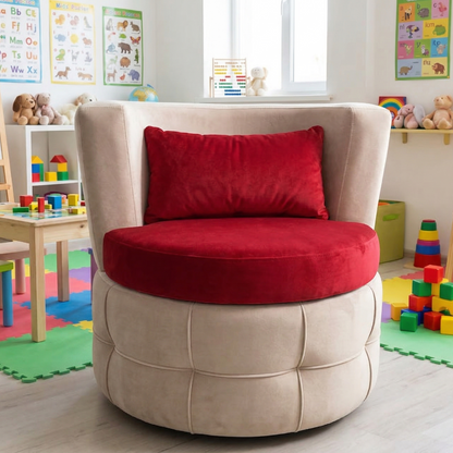 Round chair with red cushion in a colorful children's room