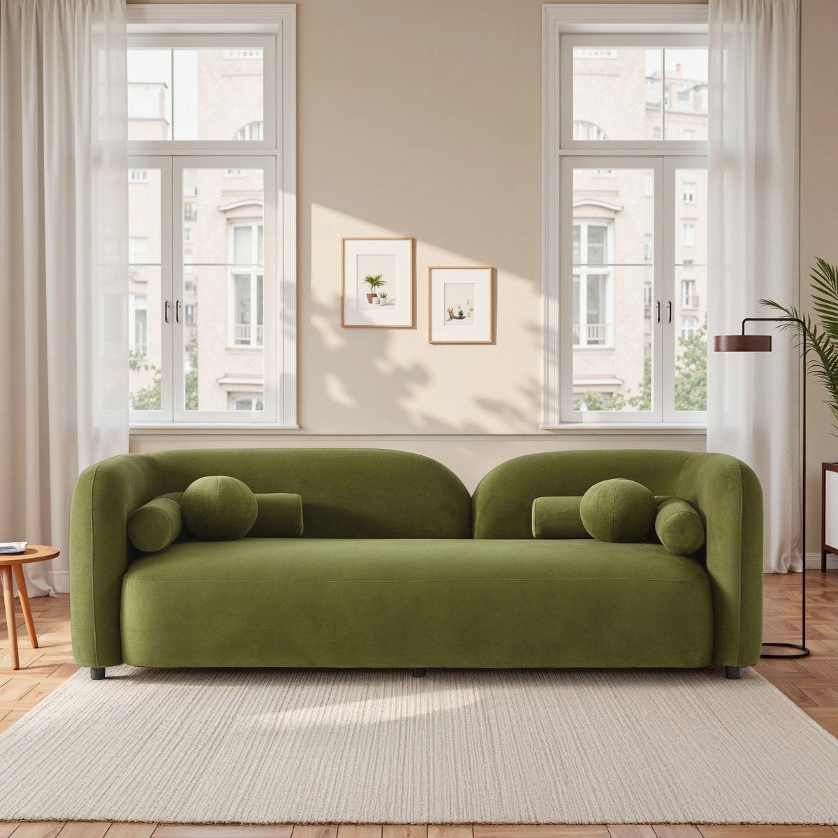 Green sofa in a room with large windows and light decor