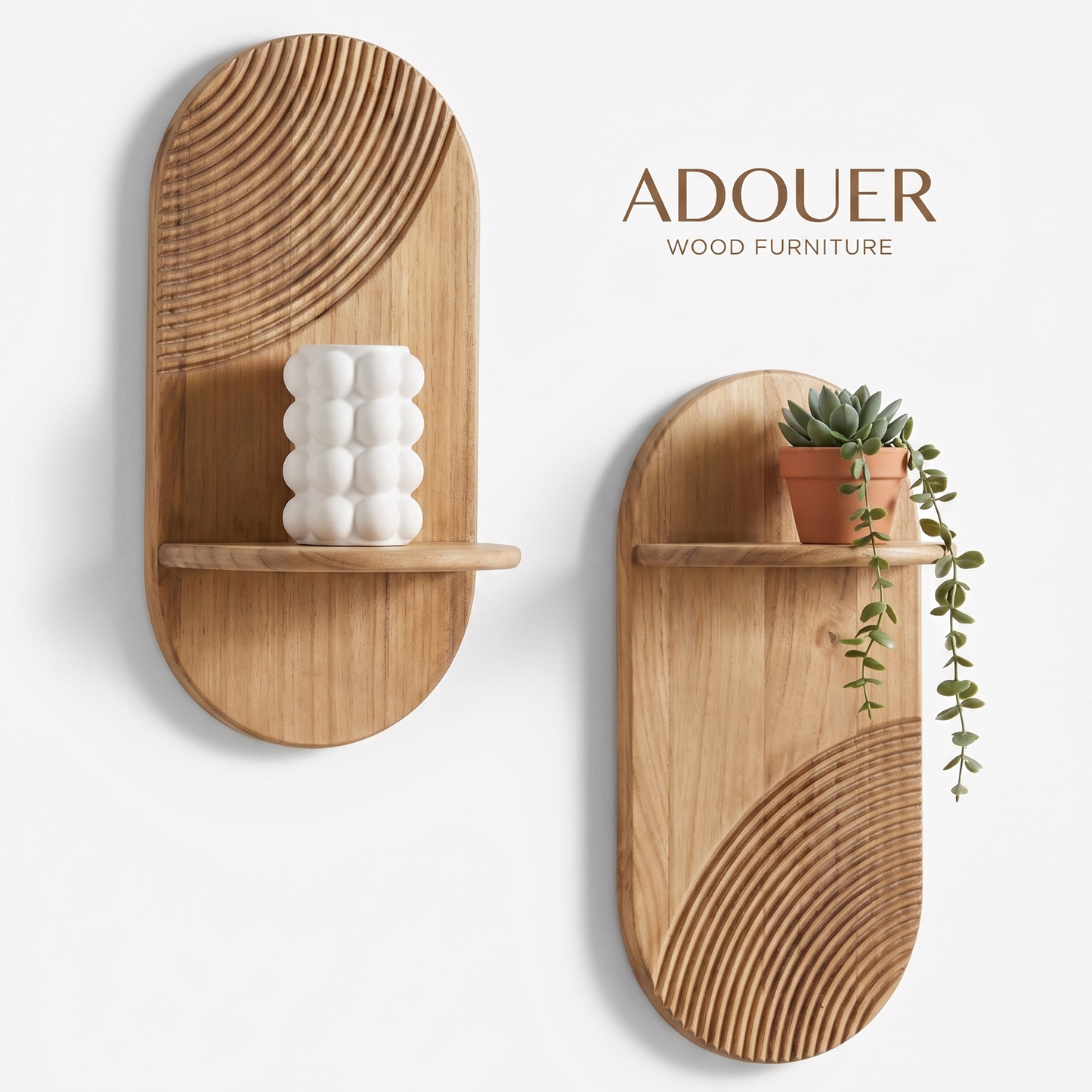 Two oval wooden wall shelves with curved line patterns, shown on a white wall. One shelf holds a white textured vase, and the other holds a small potted succulent.