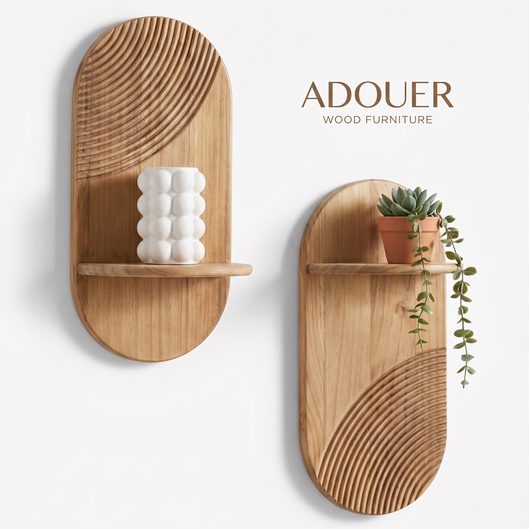 Two oval wooden wall shelves with curved line patterns, shown on a white wall. One shelf holds a white textured vase, and the other holds a small potted succulent.
