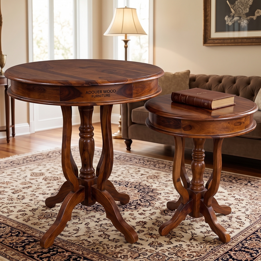Two wooden side tables in a living room setting with a book on one of them.