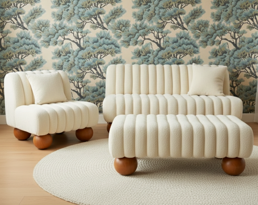 White sofa and armchair set with wooden legs in a room with tree-patterned wallpaper.
