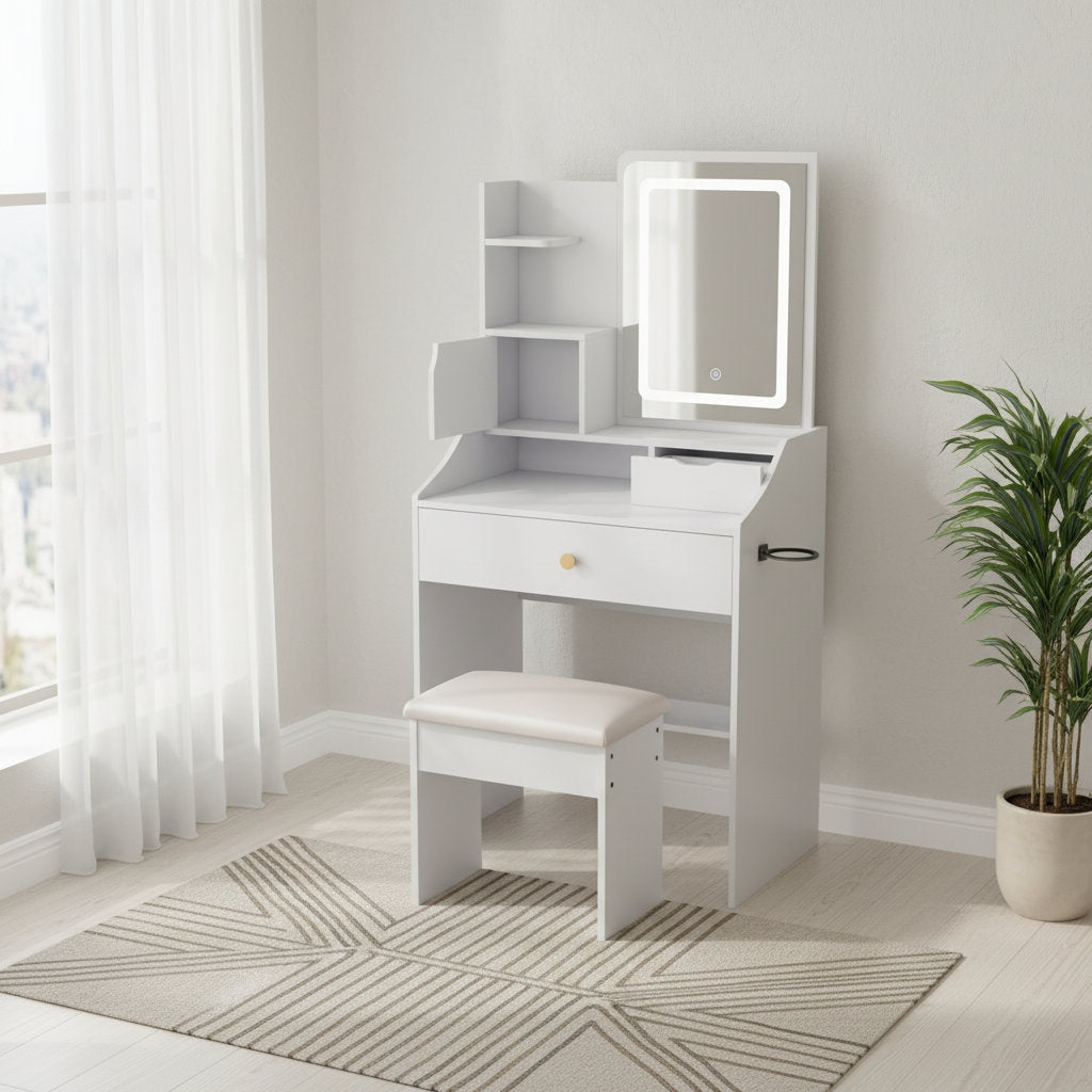 White vanity with mirror and stool in a room with a plant and window.