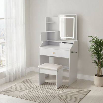 White vanity with mirror and stool in a room with a plant and window.
