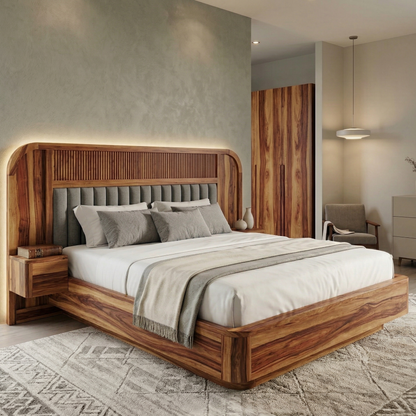Wooden bed with gray bedding in a modern bedroom setting
