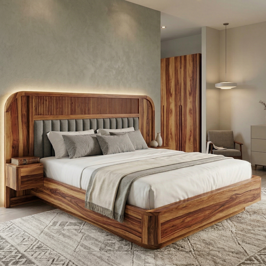 Wooden bed with gray bedding in a modern bedroom setting