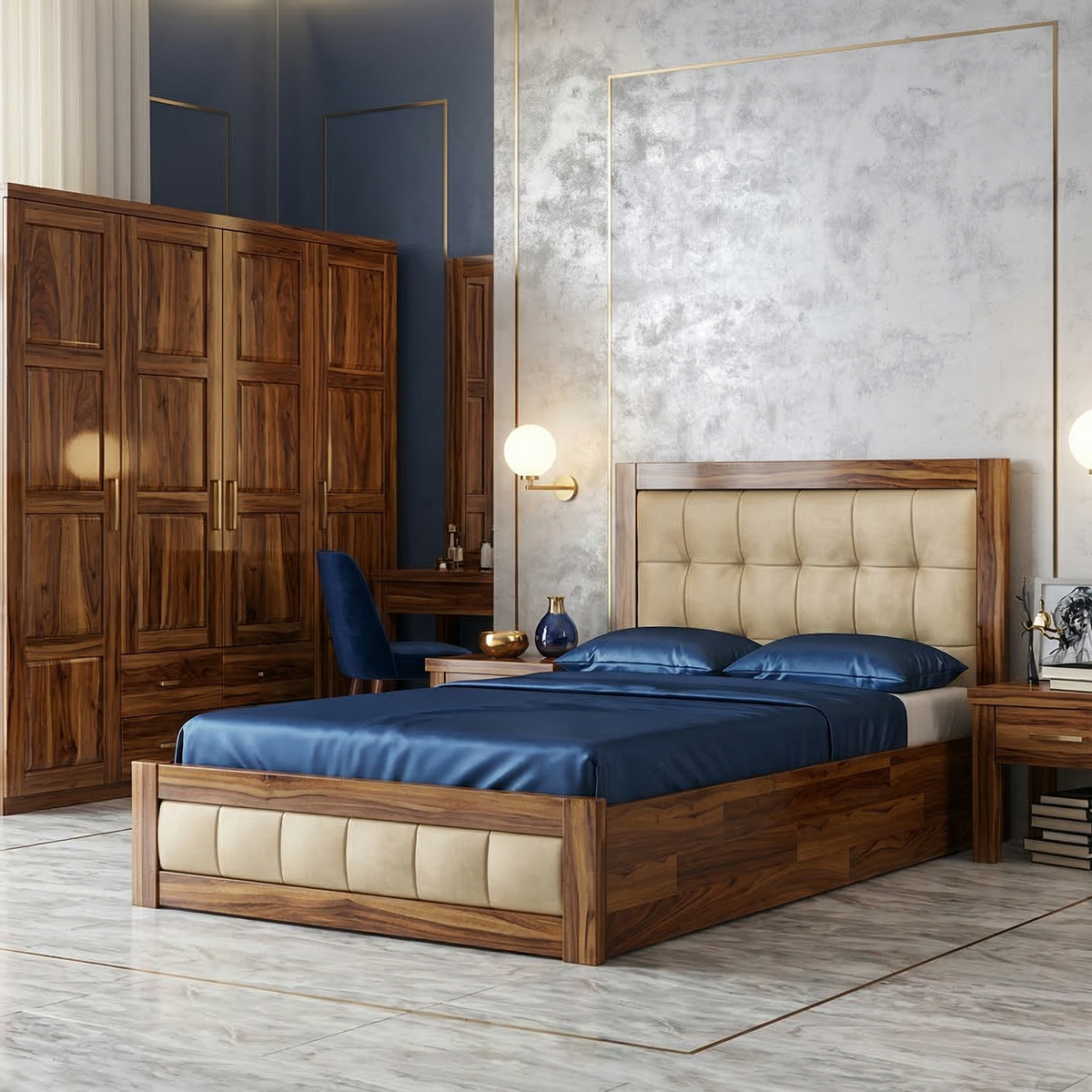 Wooden bedroom set with bed, wardrobe, and side tables in a modern bedroom.