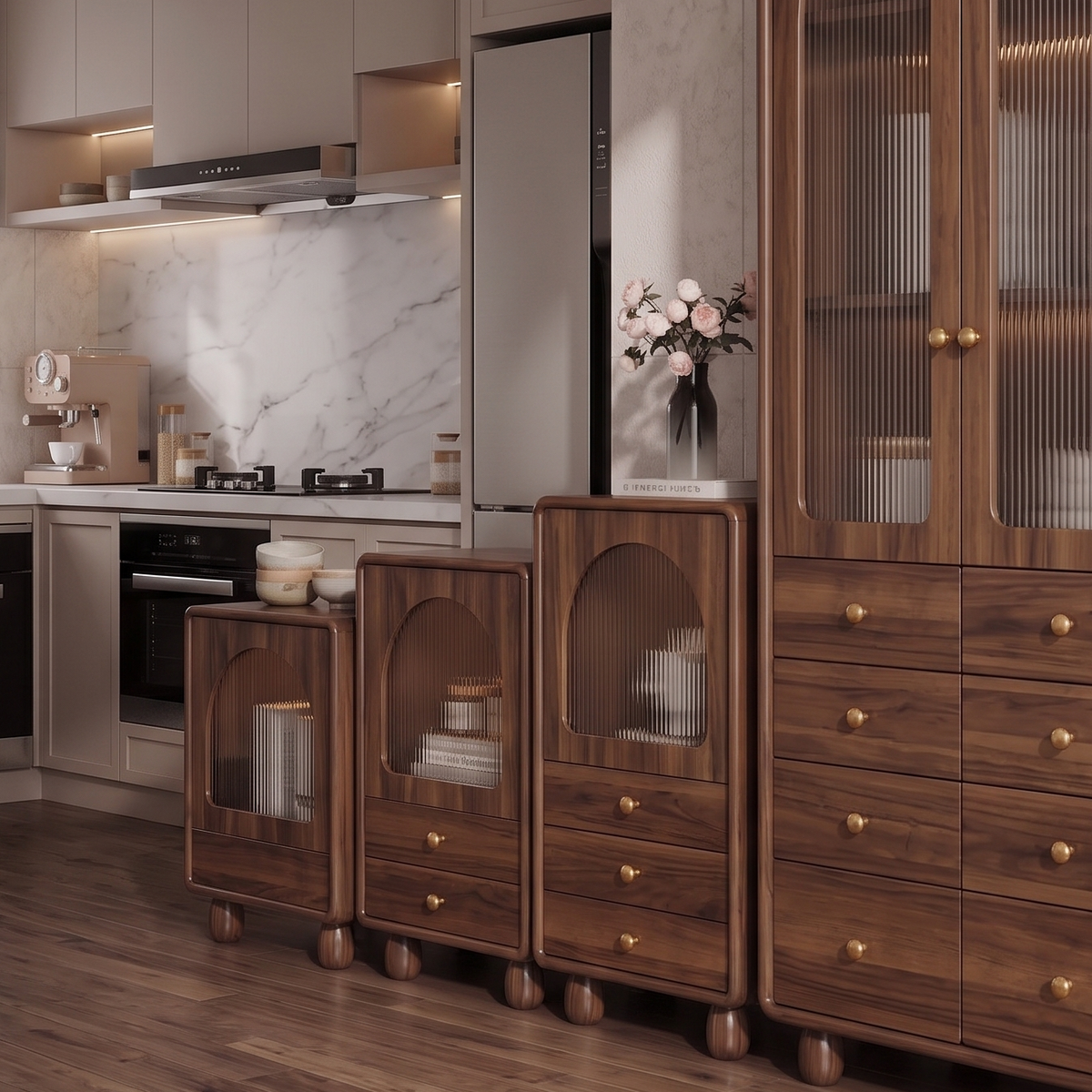 Wooden cabinets with glass doors in a modern kitchen setting