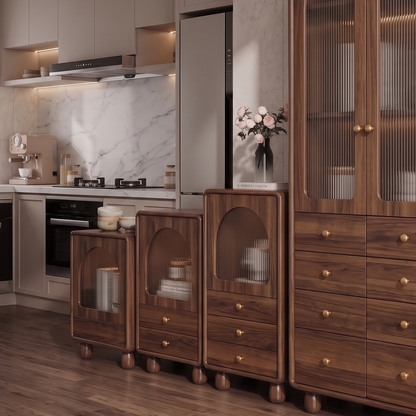Wooden cabinets with glass doors in a modern kitchen setting