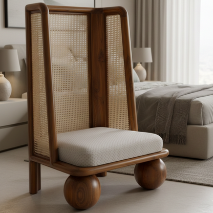 Wooden chair with woven backrest in a bedroom setting