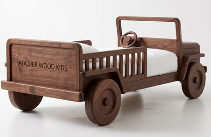 Wooden children's bed designed like a jeep with 'ADOUER WOOD  Kids' branding.