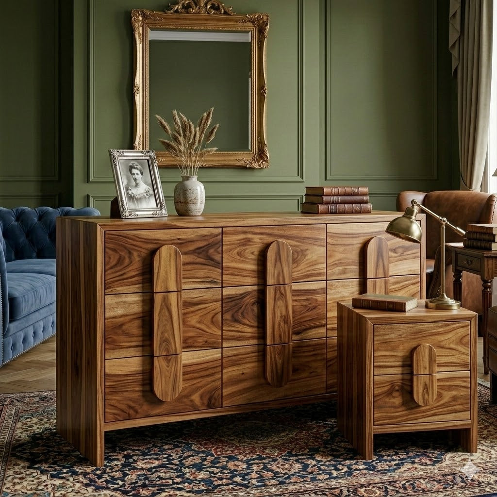 Wooden dresser with decorative elements in a room with green walls and a blue sofa.