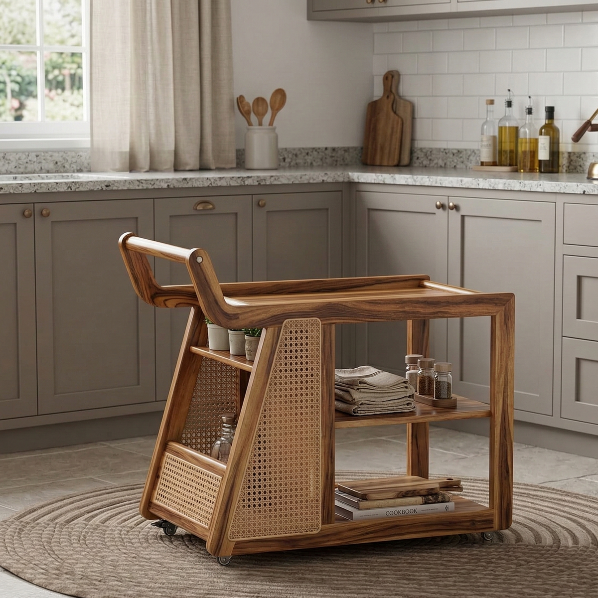 Wooden kitchen cart in a modern kitchen setting with gray cabinets and a window.