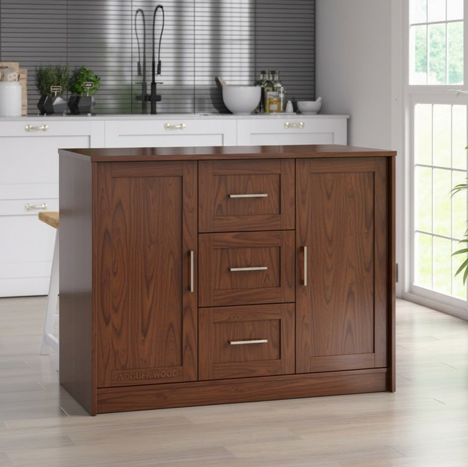 Wooden kitchen island with drawers in a modern kitchen setting