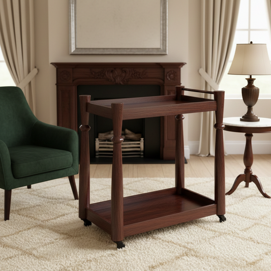 Wooden side table in a room with a green chair and lamp.
