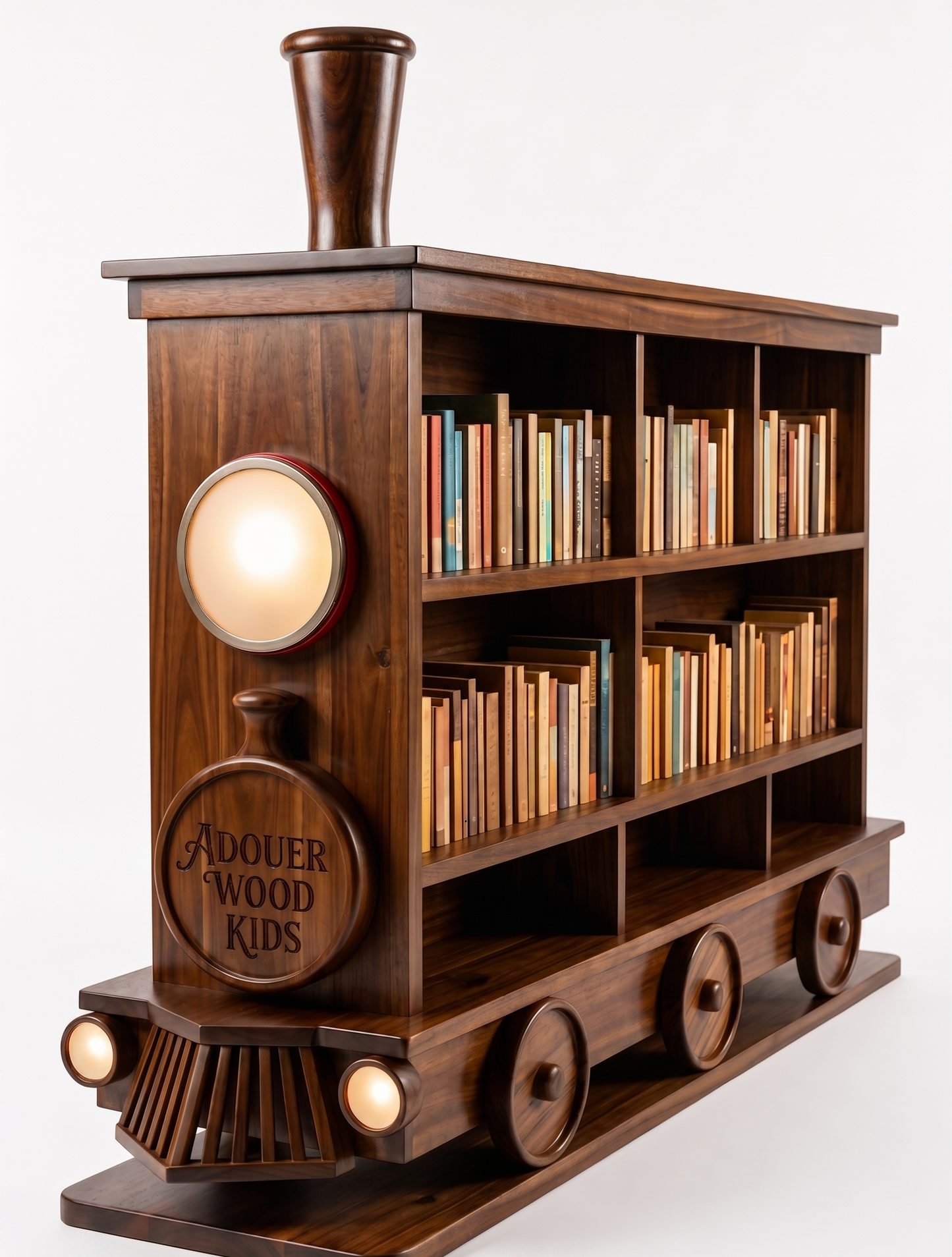 Wooden train bookshelf with books on a white background