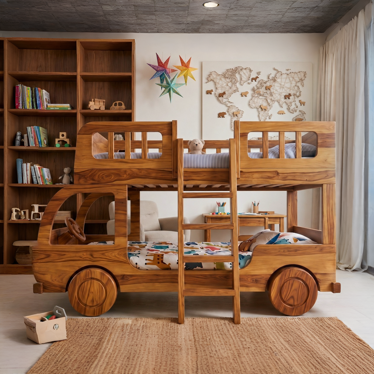 Wooden truck-themed bunk bed in a child's room with books and toys.
