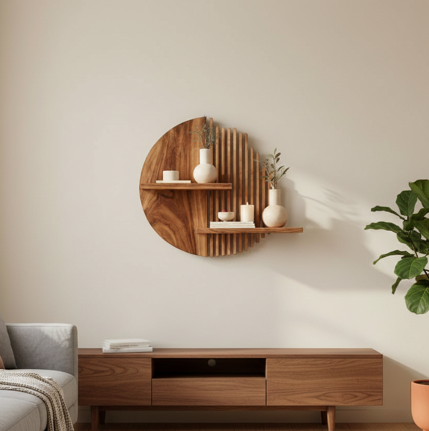 Wooden wall shelf with decorative items in a living room setting