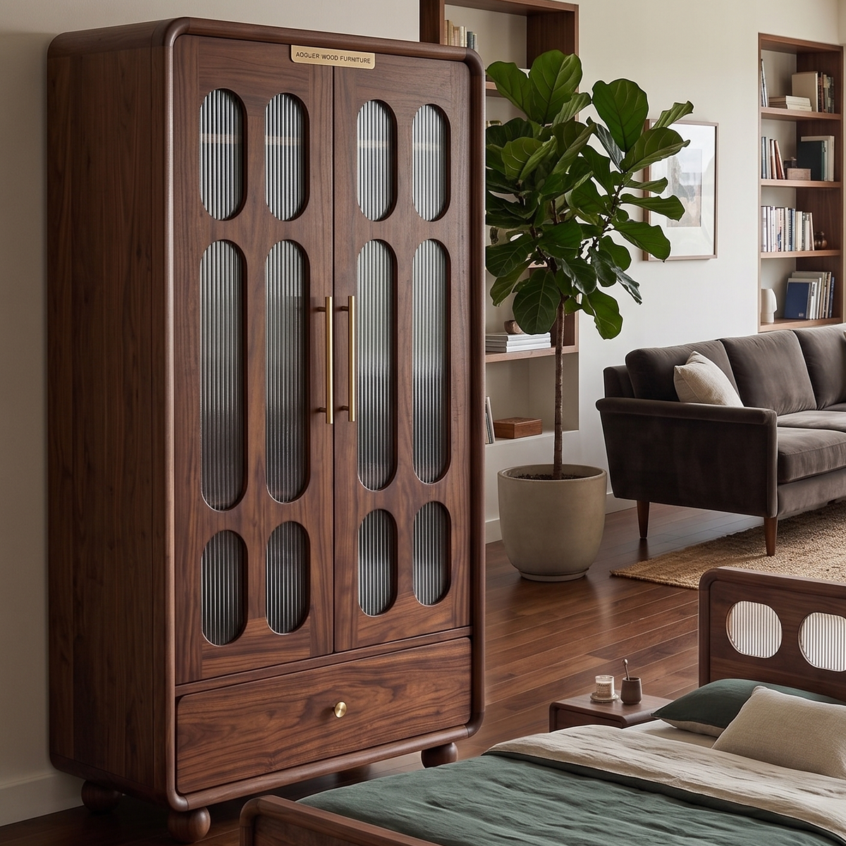 Wooden wardrobe with glass panels in a living room setting