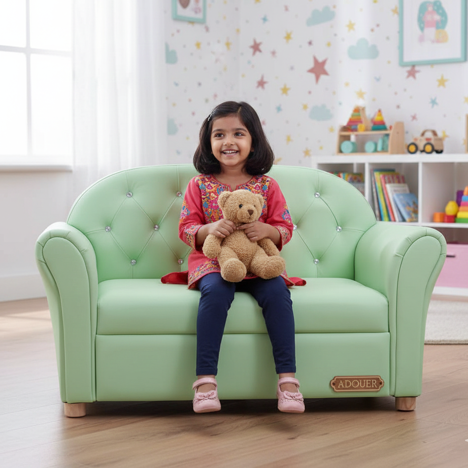Child sitting on a green children's sofa holding a teddy bear in a room with colorful decor.