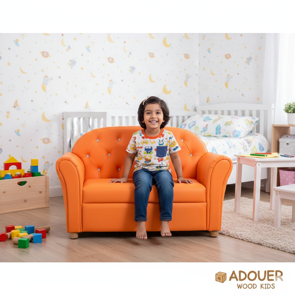 Child sitting on an orange children's sofa in a room with toys and furniture, featuring the ADOUER WOOD  Kids brand.