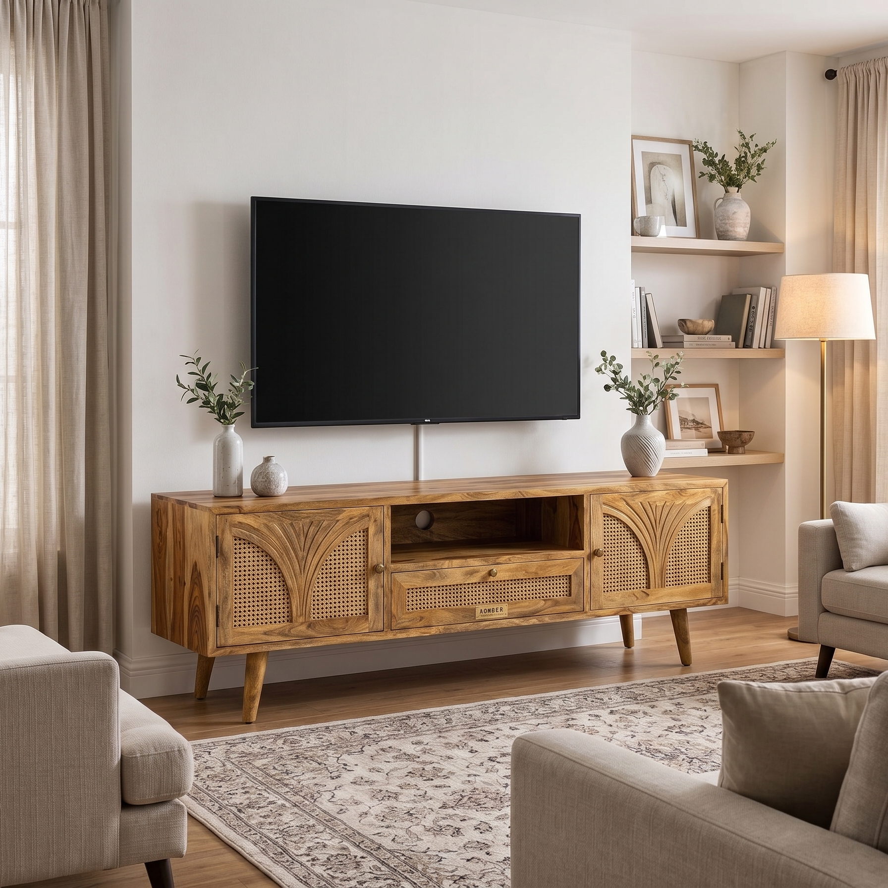 A rustic wooden TV stand console with woven cane panels and tapered legs, styled in a modern living room with a flat-screen TV, shelving, and neutral-toned furniture.