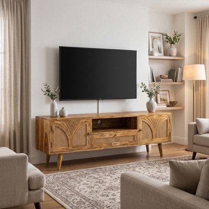 A rustic wooden TV stand console with woven cane panels and tapered legs, styled in a modern living room with a flat-screen TV, shelving, and neutral-toned furniture.