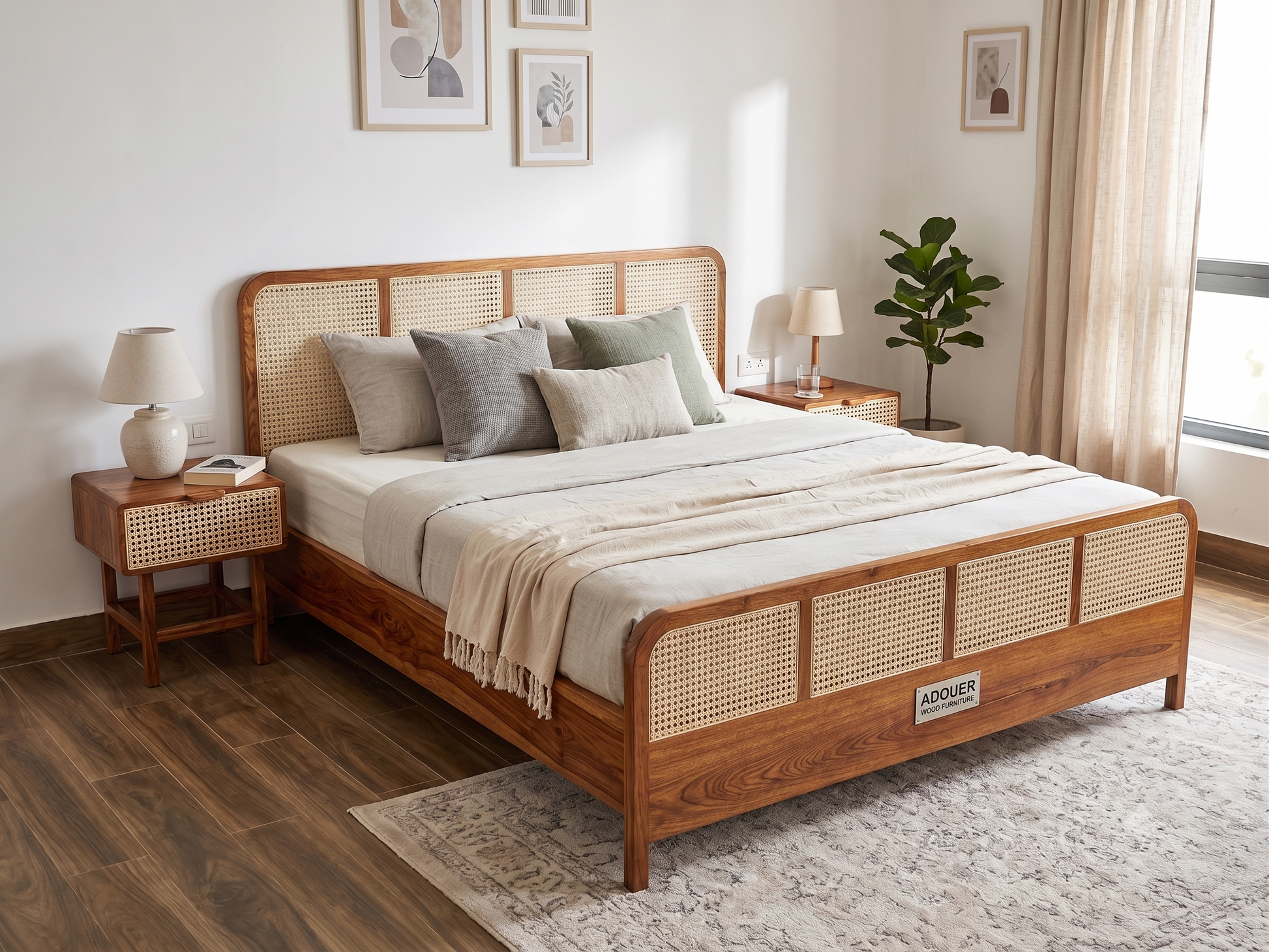 A wooden bed frame with woven cane panels, styled in a bright, modern bedroom with matching bedside tables, lamps, and a neutral-colored bedding set.