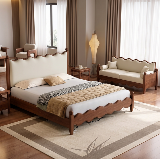 Neatly arranged bedroom with wooden bed, sofa.