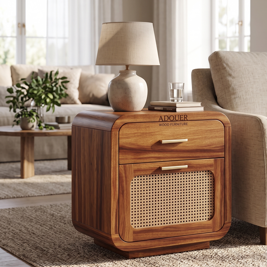 A wooden nightstand with a warm medium-brown finish, featuring a woven cane panel on the lower drawer front and gold-tone handles. It is styled in a bright, modern living room next to a sofa with a lamp on top.