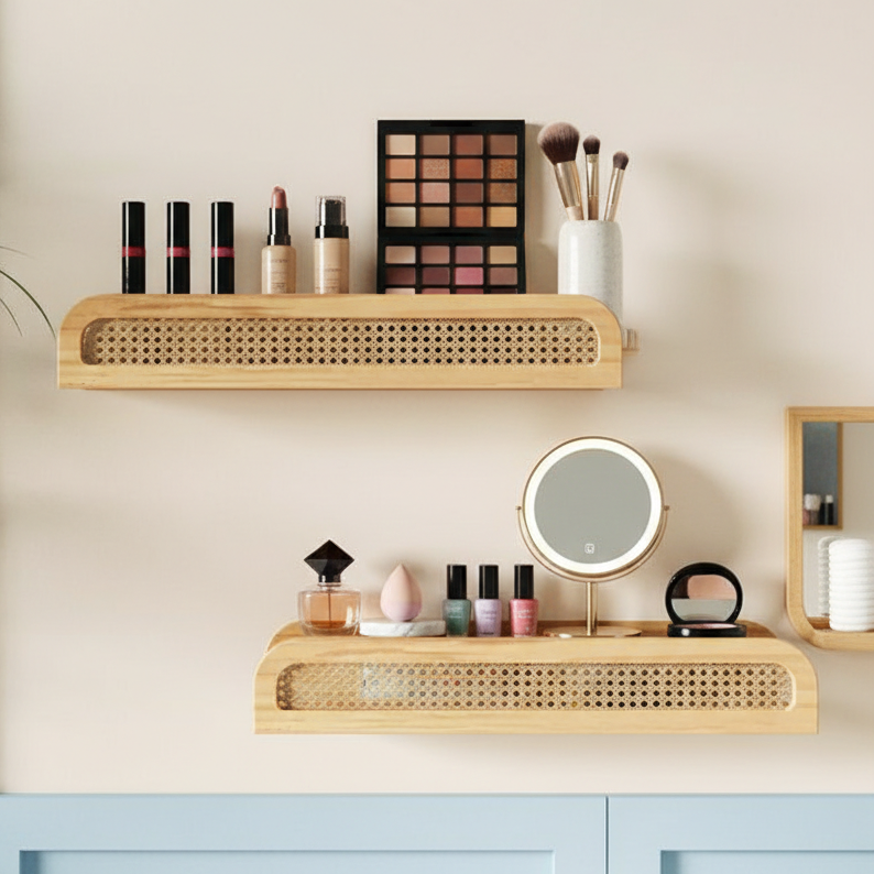 Makeup vanity setup with wooden shelves, mirror, and various cosmetic items on a light beige wall.