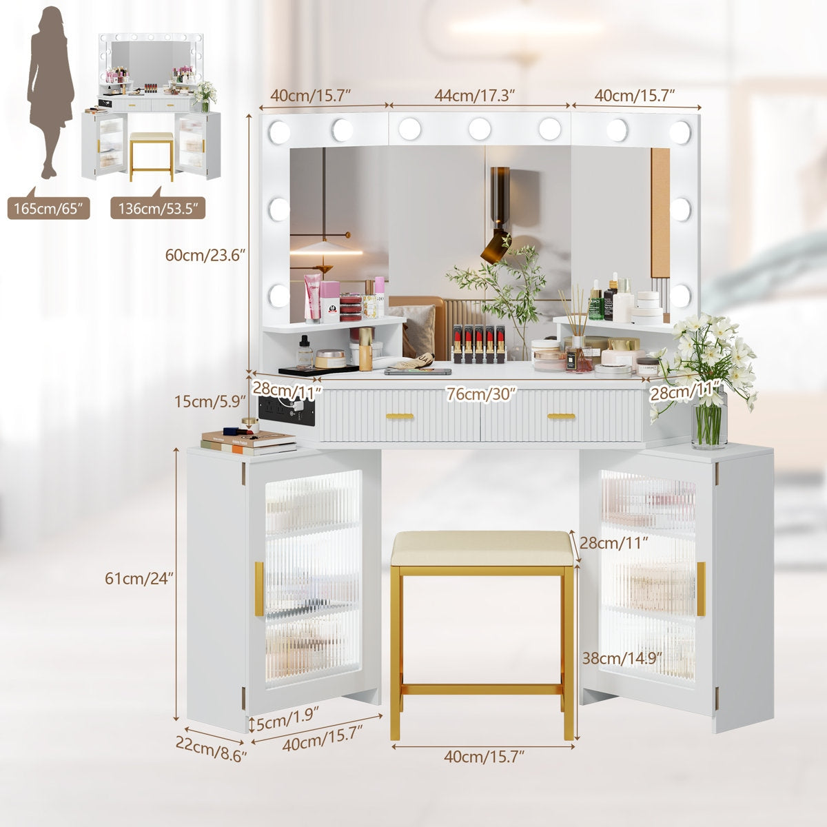 Makeup vanity table with mirror and measurements, featuring a stool.