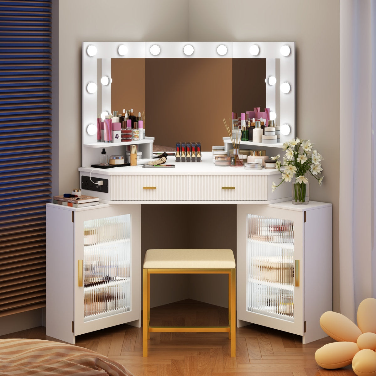 Makeup vanity with mirror and storage cabinets in a room setting.