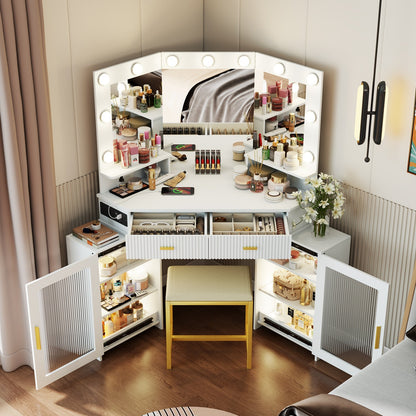 Makeup vanity with mirror and storage compartments in a room setting.