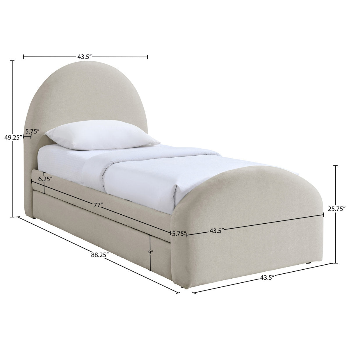 Measurement chart of a bed with dimensions labeled