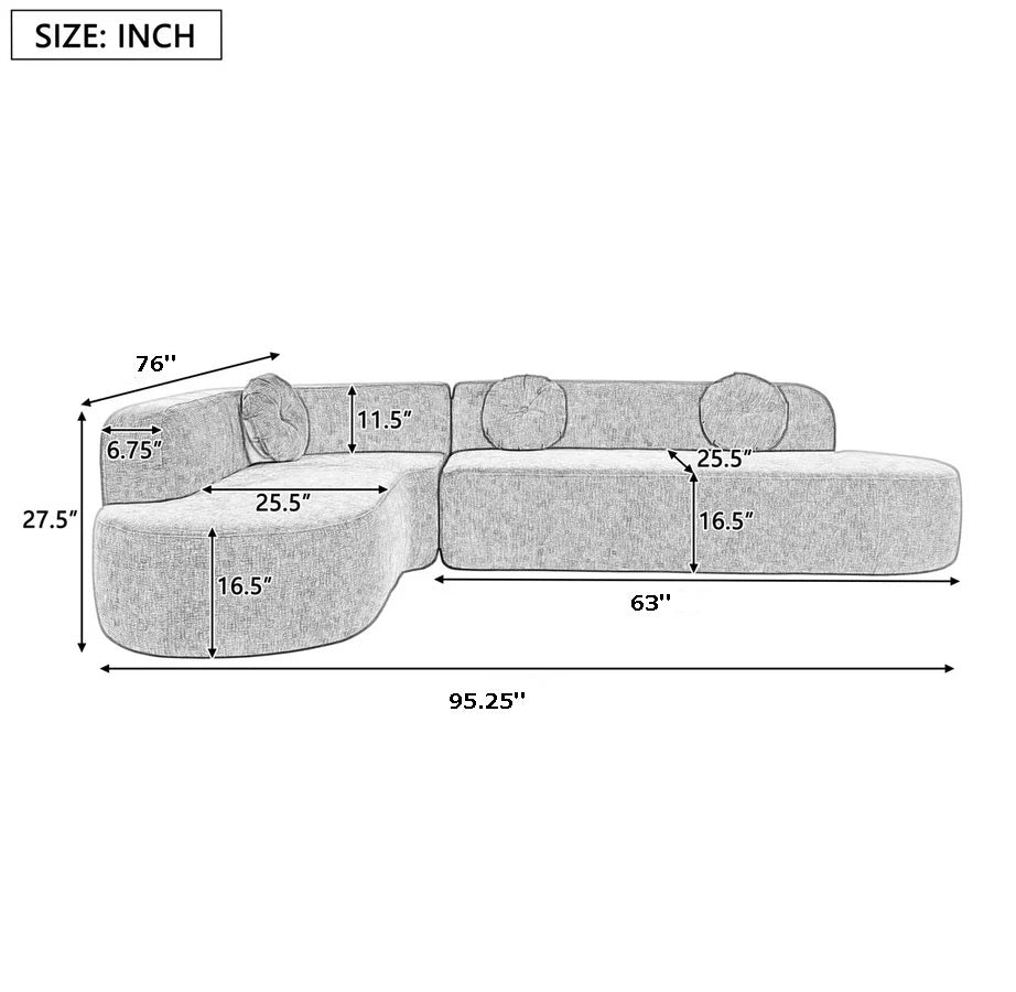 Measurement chart of a gray sectional sofa with dimensions in inches.