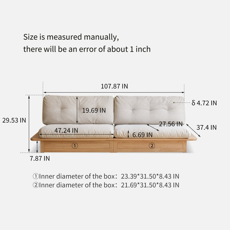Measurement chart of a sectional sofa with dimensions labeled.