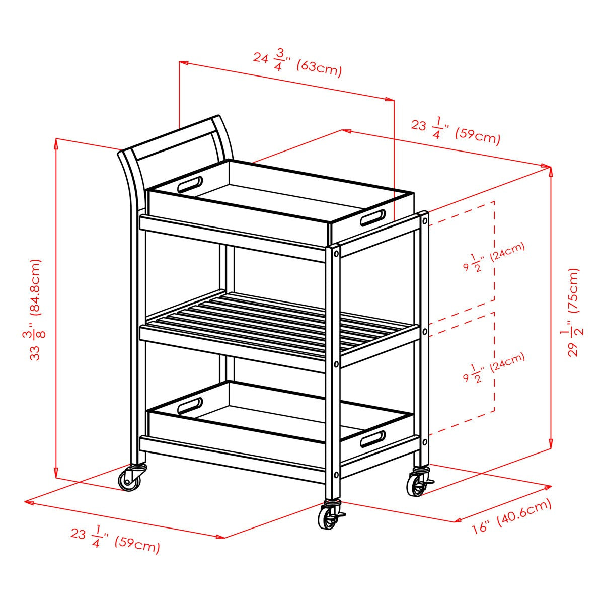 Measurement chart of a three-tier wooden cart with dimensions labeled.