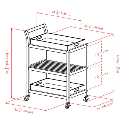 Measurement chart of a three-tier wooden cart with dimensions labeled.