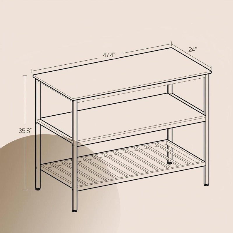 Measurement chart of a wooden shelf with dimensions on a beige background