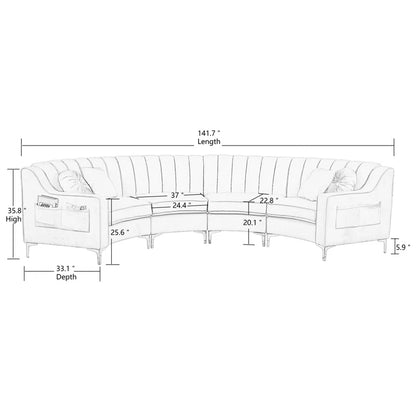 Measurement diagram of a sectional sofa with dimensions labeled.