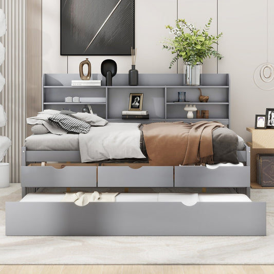 Modern bedroom with a bed and shelves in a stylish room.