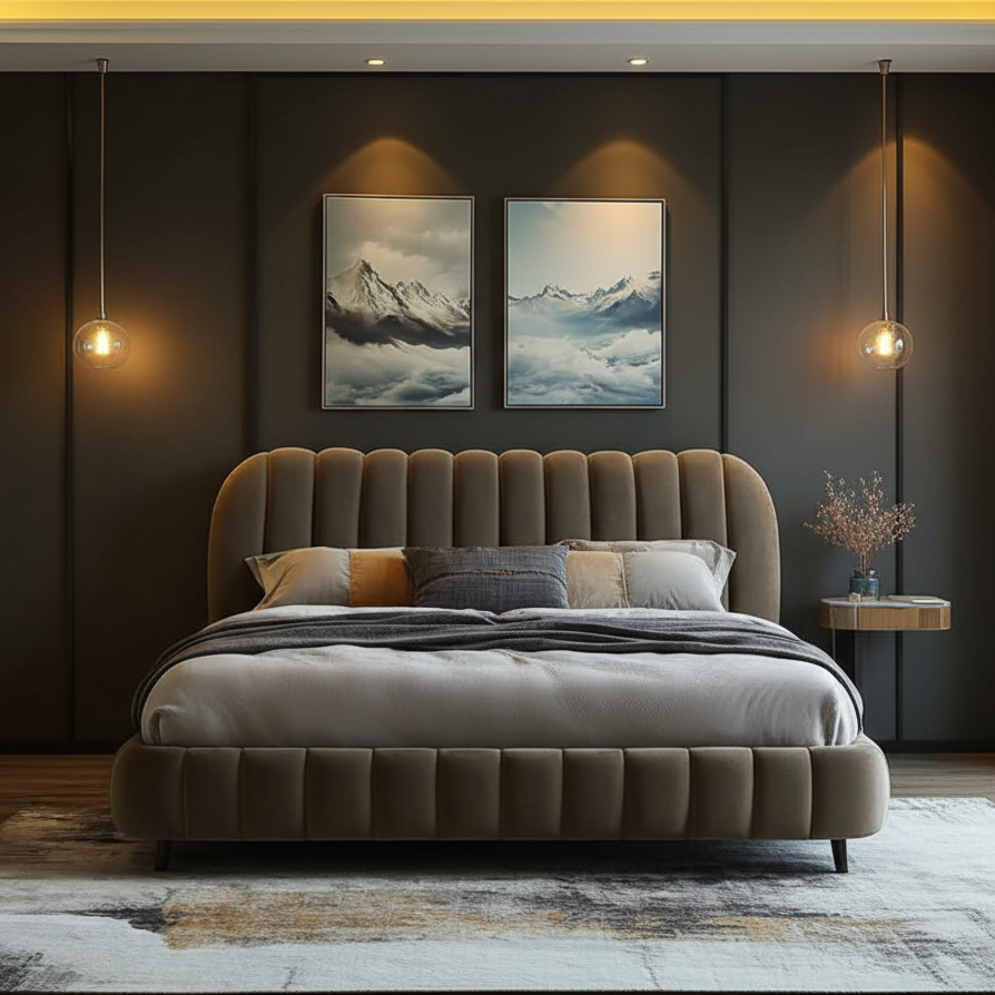 Modern bedroom with a tufted bed, side table, and wall art.