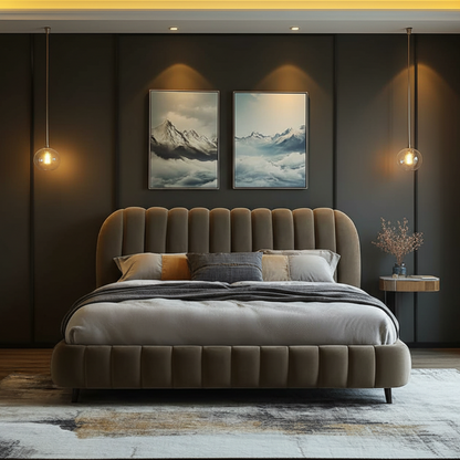 Modern bedroom with a tufted bed, side table, and wall art.