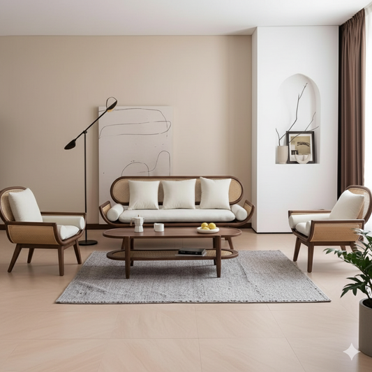 Modern living room with a sofa, chairs, and coffee table.